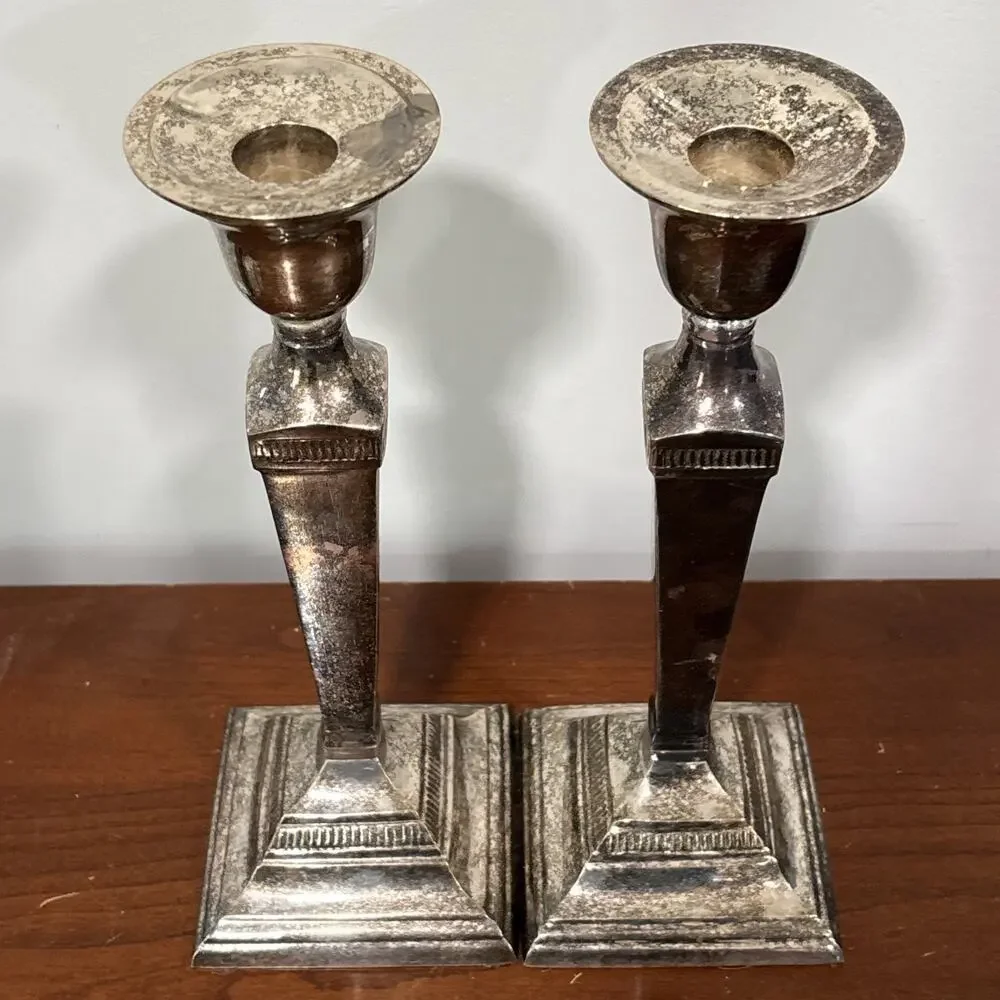 POTTERY BARN Maxfield Hotel Vintage Silver Plated Candle Holders 9.5”